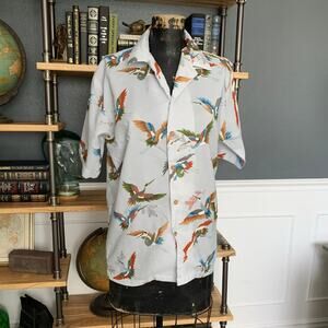 White Shirt with Colorful Cranes, CBM, Size M, Polynosic, V Neck, Short Sleeve,